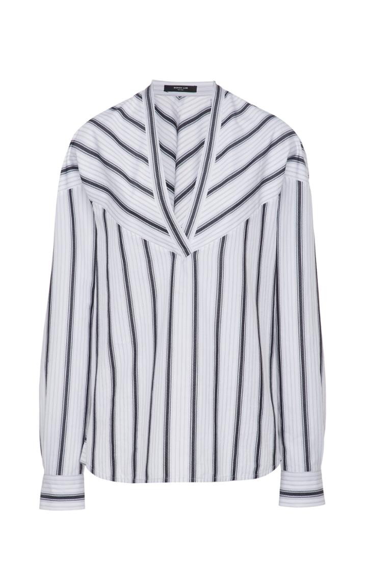Derek Lam Long Sleeve Striped Cotton V-neck Shirt