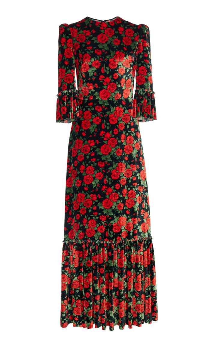 The Vampire's Wife Ruffled Floral-print Velvet Maxi Dress