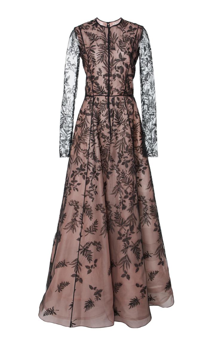 J. Mendel Floral Embroidered Long Sleeve Gown