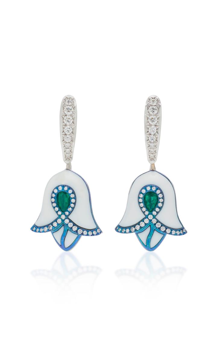 Saboo 18k White Gold Diamond And Emerald Earrings