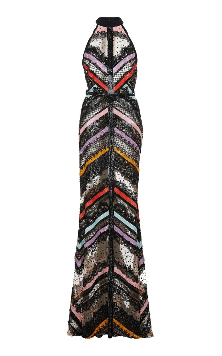 Elie Saab Embroidered Stripe Halter Dress