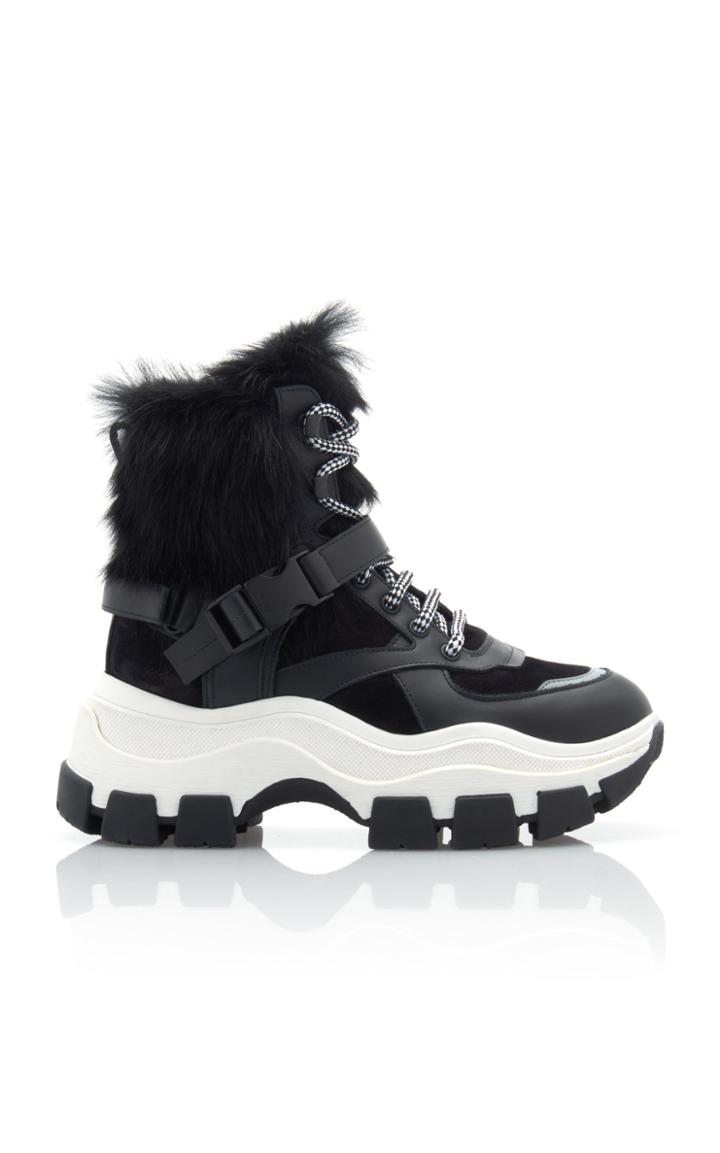 Prada Fur-trimmed Leather And Rubber High-top Sneakers