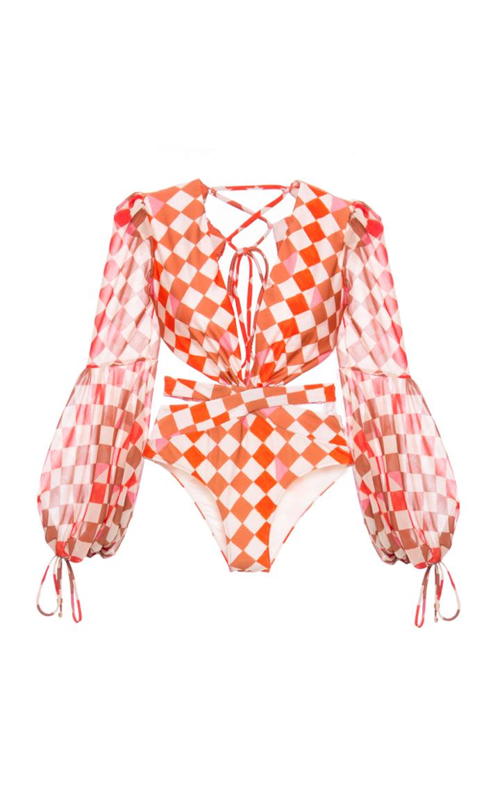 Moda Operandi Patbo Check Long Sleeve Swimsuit Size: Xs