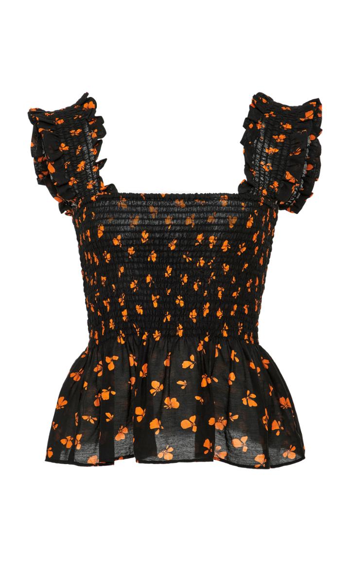 Ganni Beacon Smocked Cotton And Silk-blend Peplum Top
