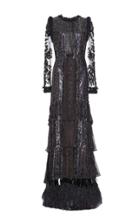 Roberto Cavalli Long Sleeve Tiered Fringe Gown