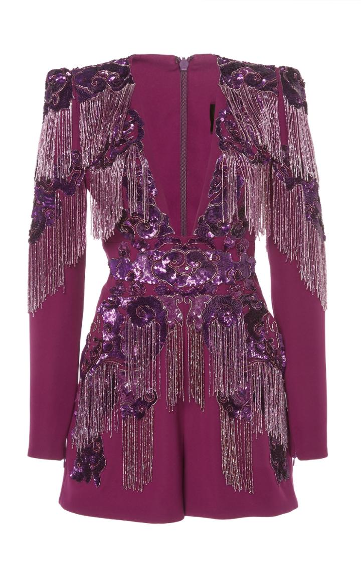 Zuhair Murad Fringe Embroidered Tulle V-neck Jumpsuit