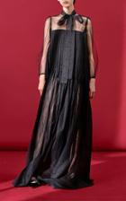 Rochas Pleated Tulle Long Sleeve Gown