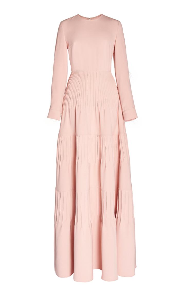 Huishan Zhang Audrey Feather Embellished Long Sleeve Plisse Gown