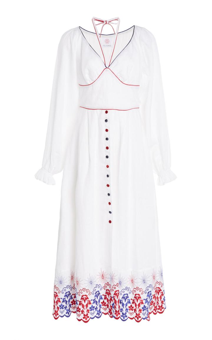 Gl Hrgel Embroidered Peasant Sleeve Midi Dress