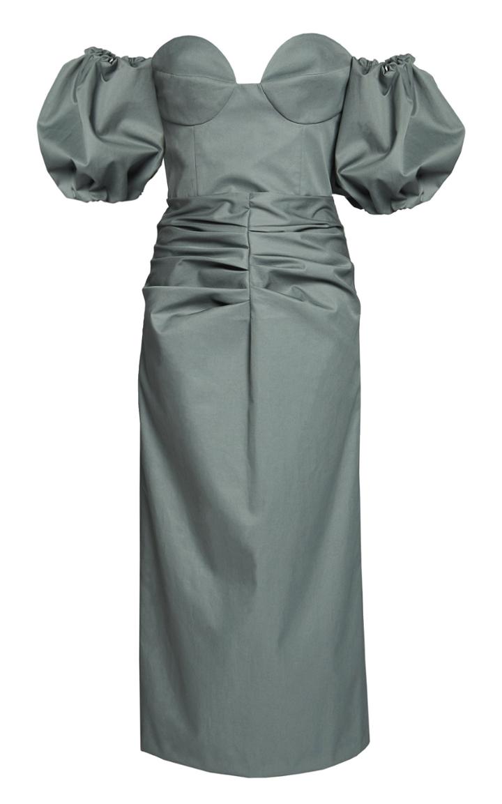 Lake Studio Off-the-shoulder Pouf Sleeve Cotton Midi Dress