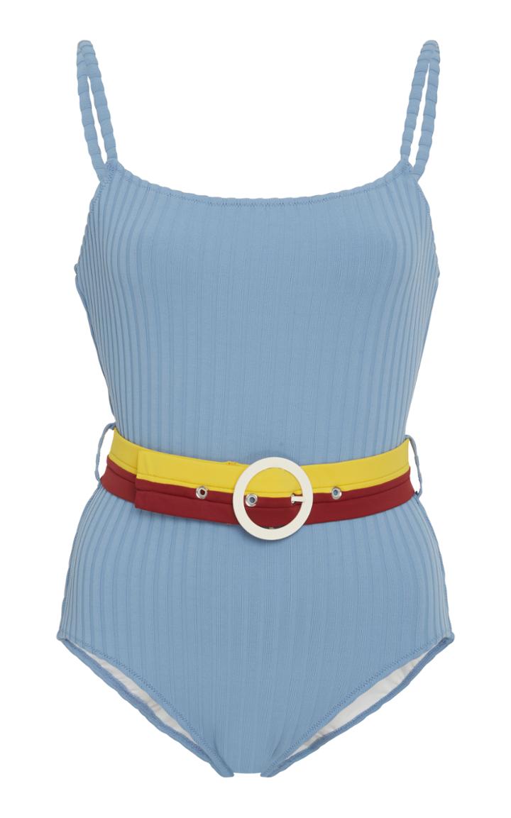 Solid & Striped Belted Ribbed One-piece Swimsuit