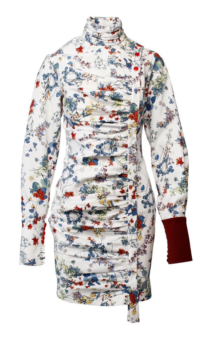 Anouki Textured Flower Print Asymmetric Draped Turtleneck Mini-dress