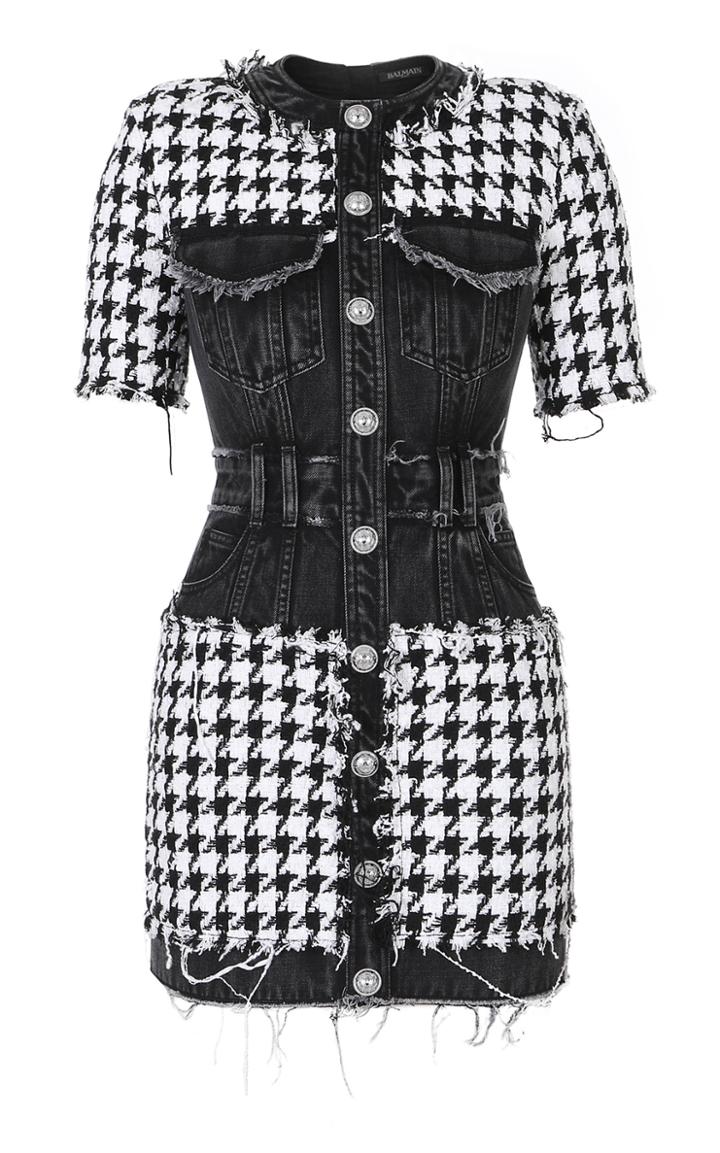 Balmain Denim Houndstooth Cotton-blend Tweed Mini Dress