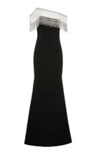 Pamella Roland Stretch Crepe Off The Shoulder Gown With Pearl Fringe