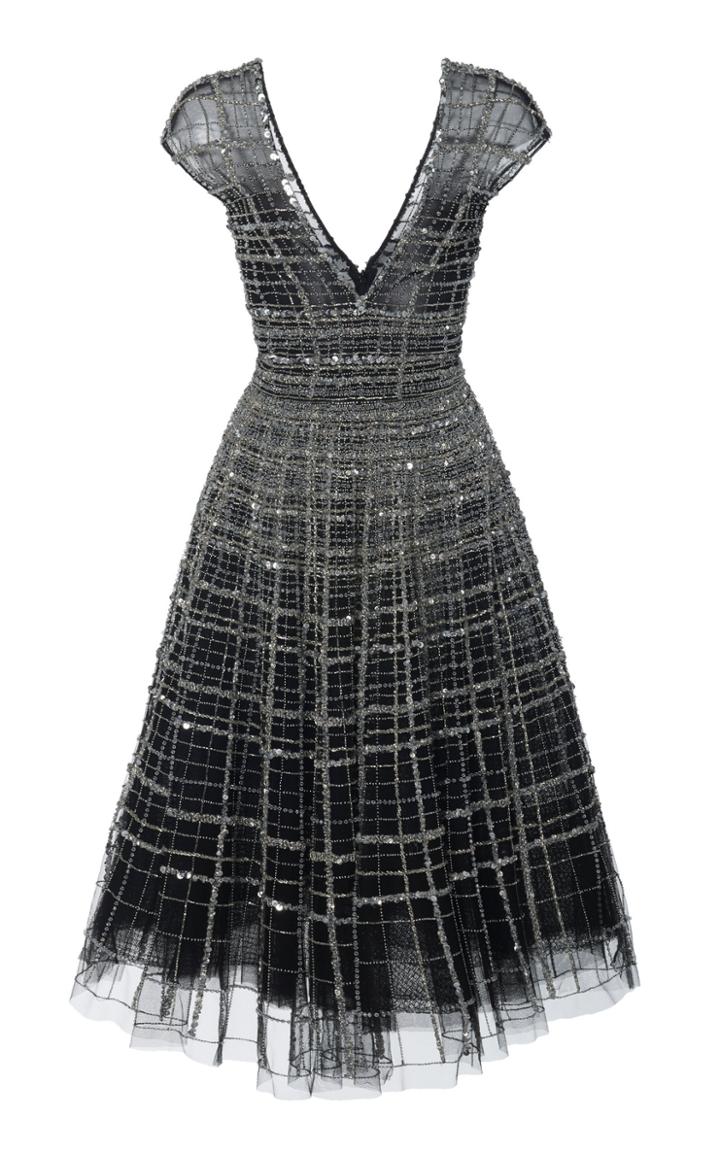 Pamella Roland Linear Crystal Embellished Tulle Cocktail Dress