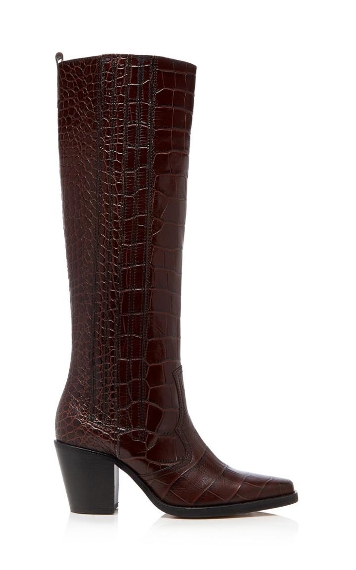 Ganni Croc-effect Leather Knee Boots