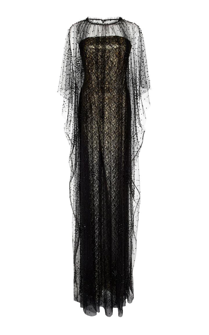 Naeem Khan Strapless Metallic Lace Overlay Gown With Sheer Cape