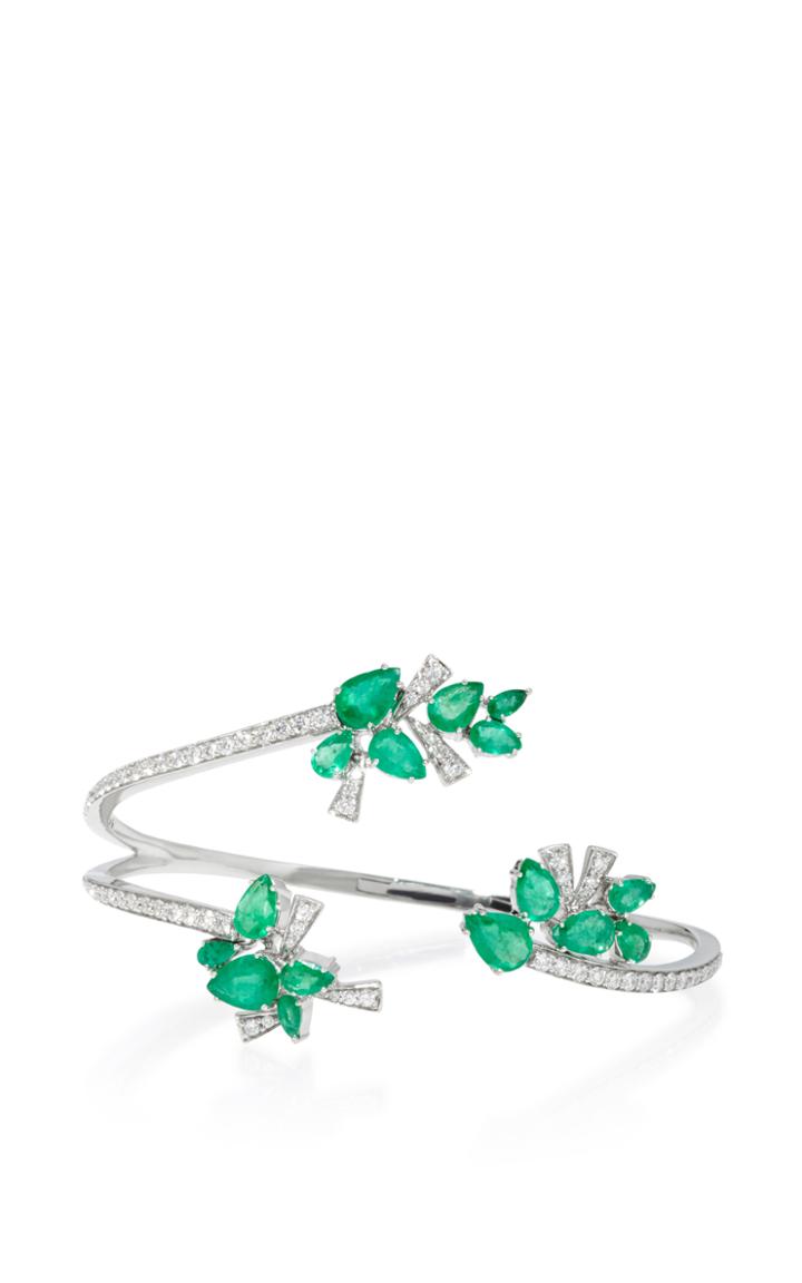Hueb Mirage 18k White Gold Diamond And Emerald Cuff