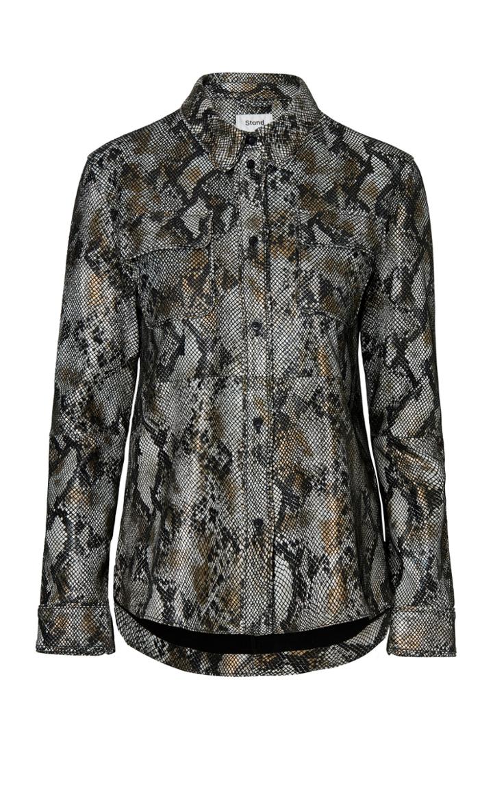 Stand Studio Mazal Snake-effect Collared Leather Shirt