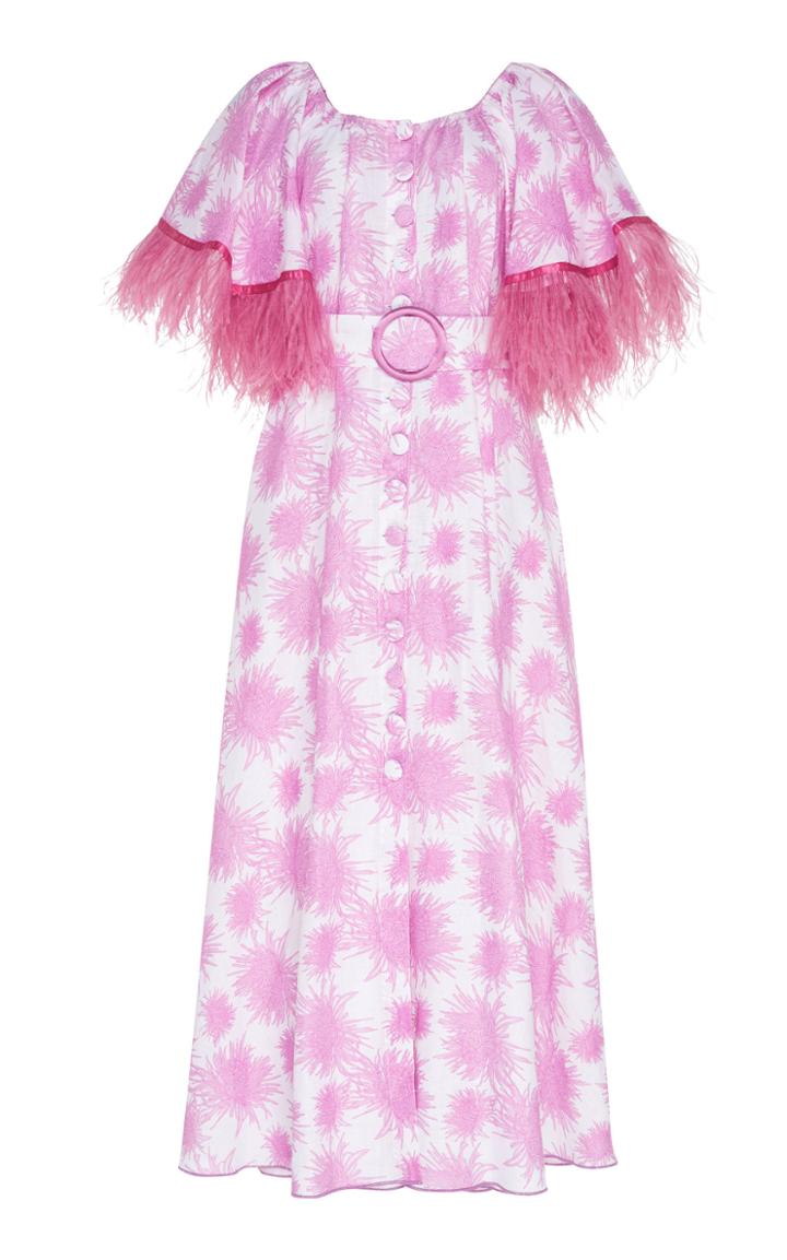 Gl Hrgel Feather-trimmed Printed Linen Midi Dress
