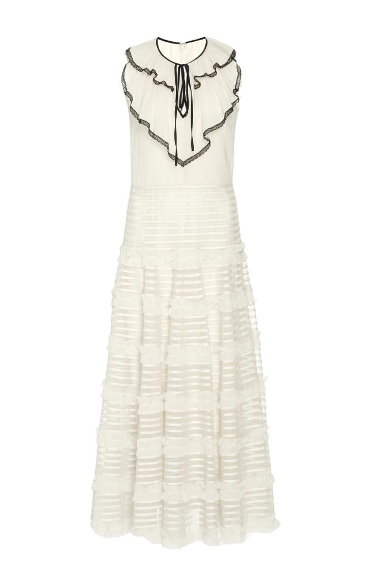 Red Valentino Silk Muslin Dress With Lace Trim Ruffle Jabot Embroidered Ruffle Ribbon Detail
