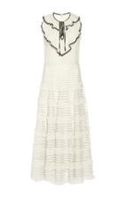 Red Valentino Silk Muslin Dress With Lace Trim Ruffle Jabot Embroidered Ruffle Ribbon Detail