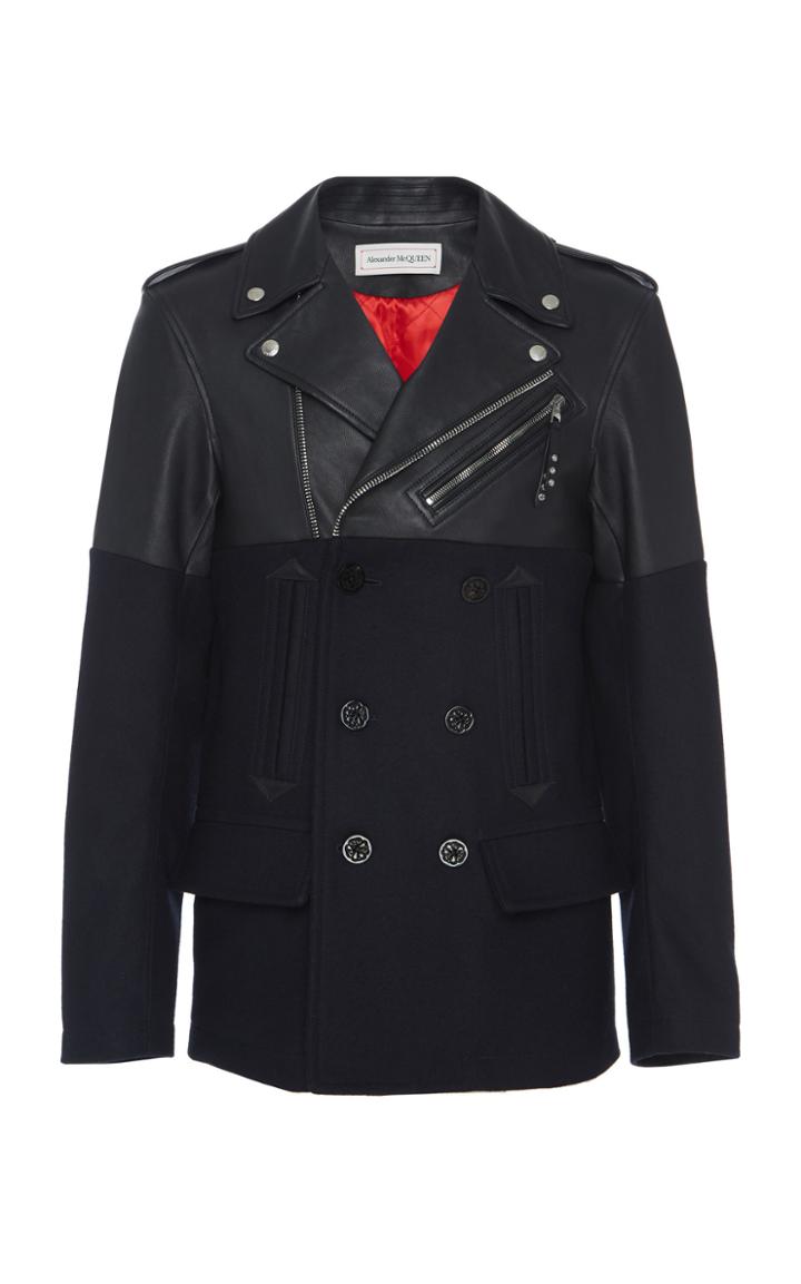 Alexander Mcqueen Leather-paneled Wool Peacoat