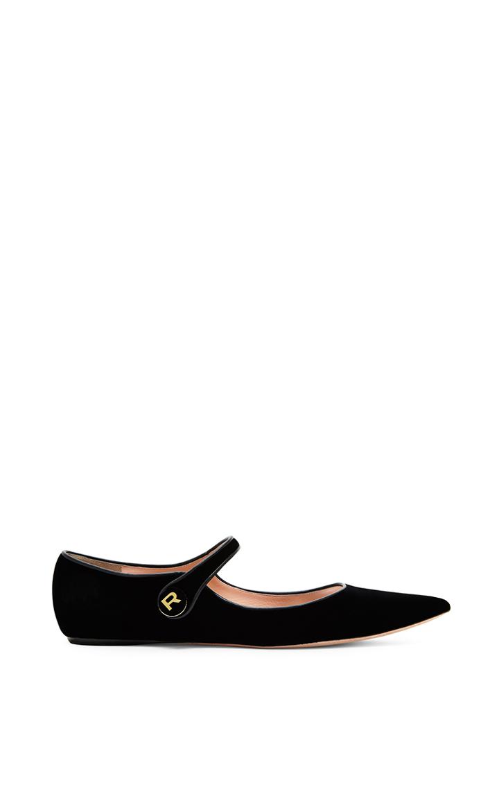 Rochas Black Leather Velvet Mary Jane Flats