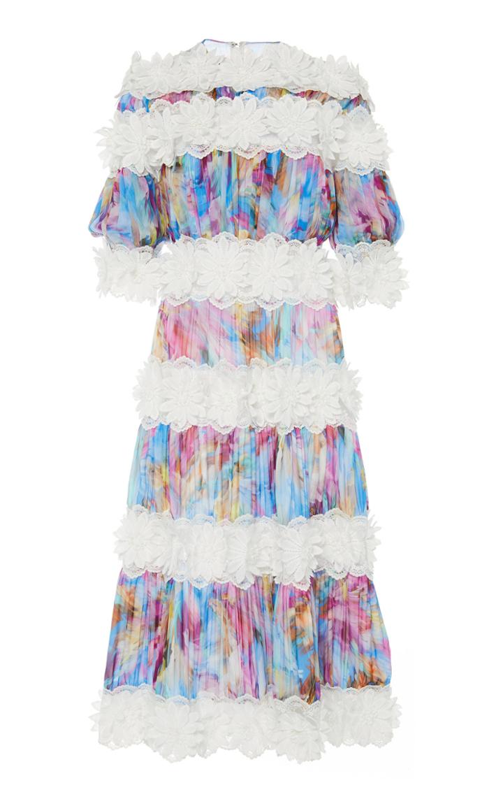 Costarellos Tiered Flower Trim Silk Dress