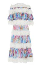 Costarellos Tiered Flower Trim Silk Dress