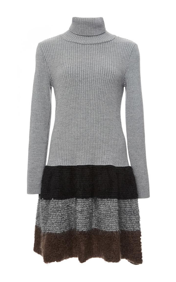Cacharel Grey Wool Blend Turtleneck Dress With Striped Skirt