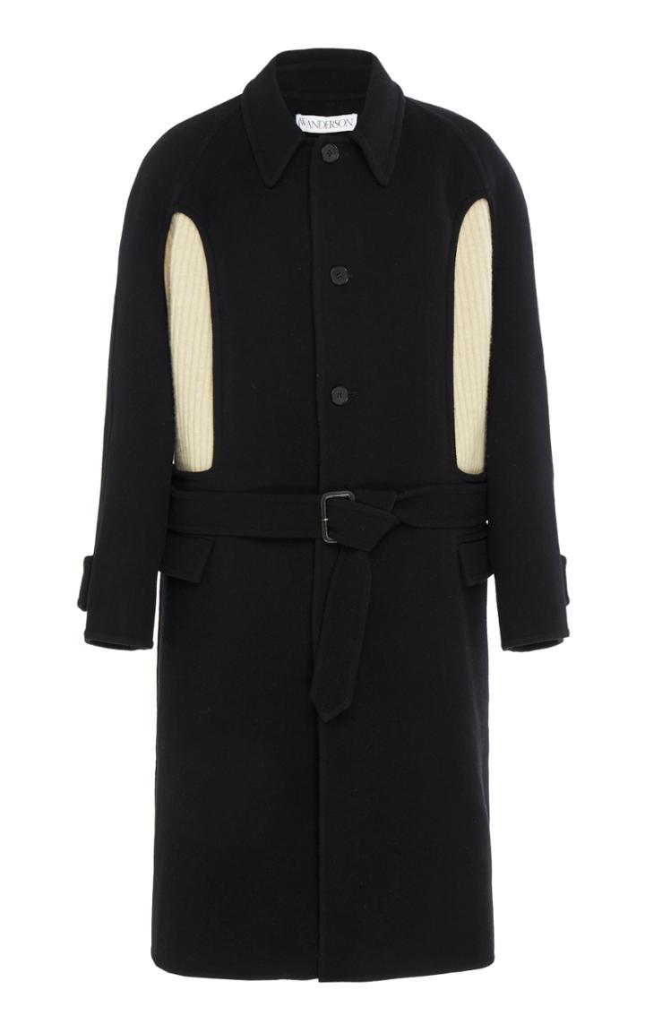 Jw Anderson Belted Cashmere-paneled Wool-crepe Coat