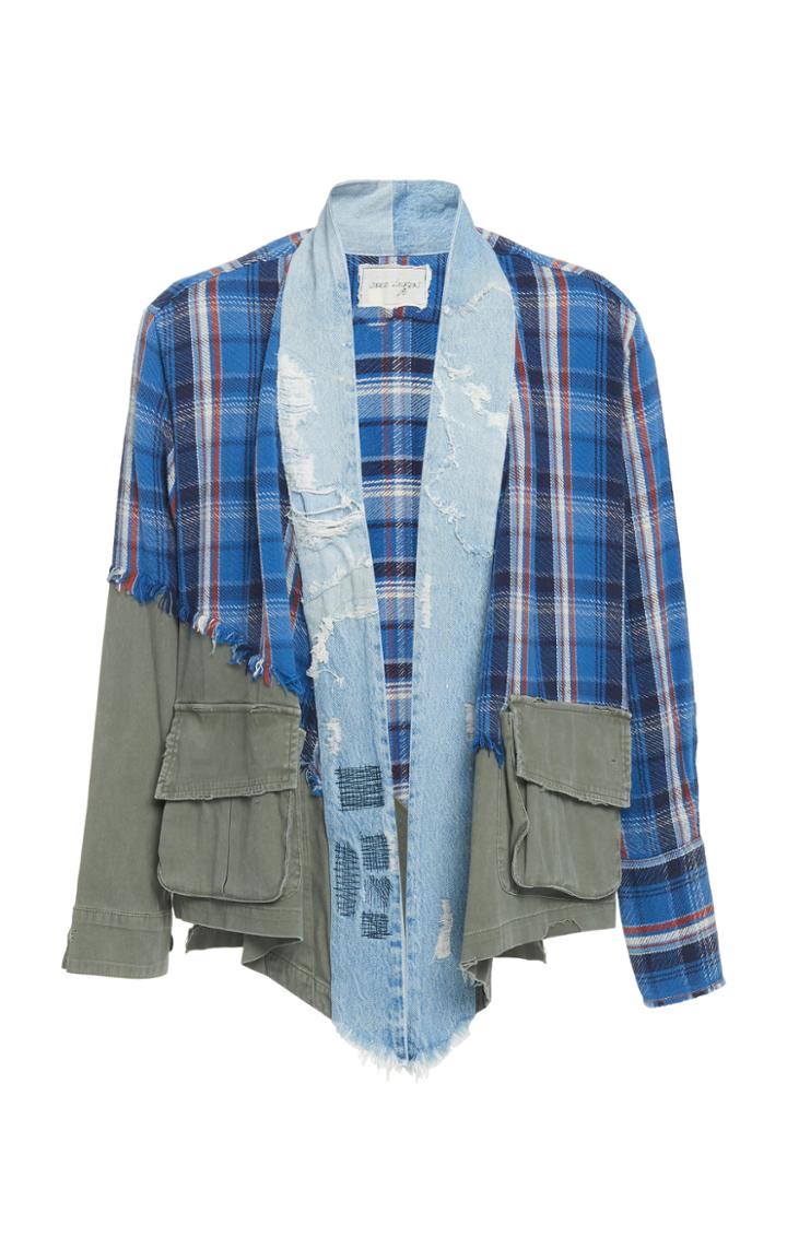 Greg Lauren Distressed Denim And Twill Cotton-flannel Jacket