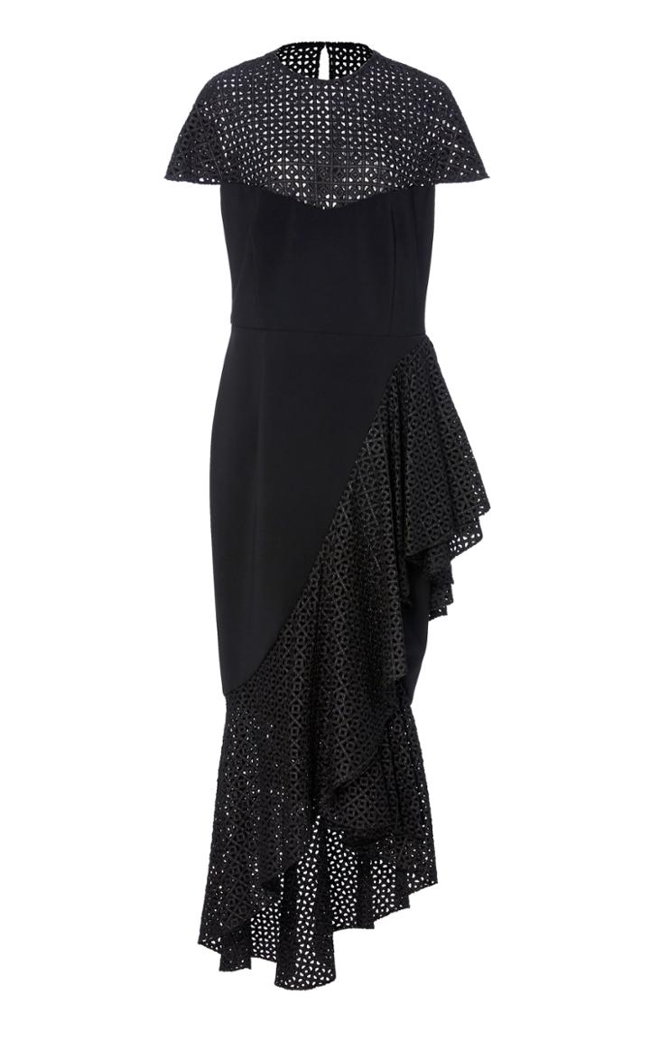 Christian Siriano Black Open Weave Cap Sleeve Flounce Dress