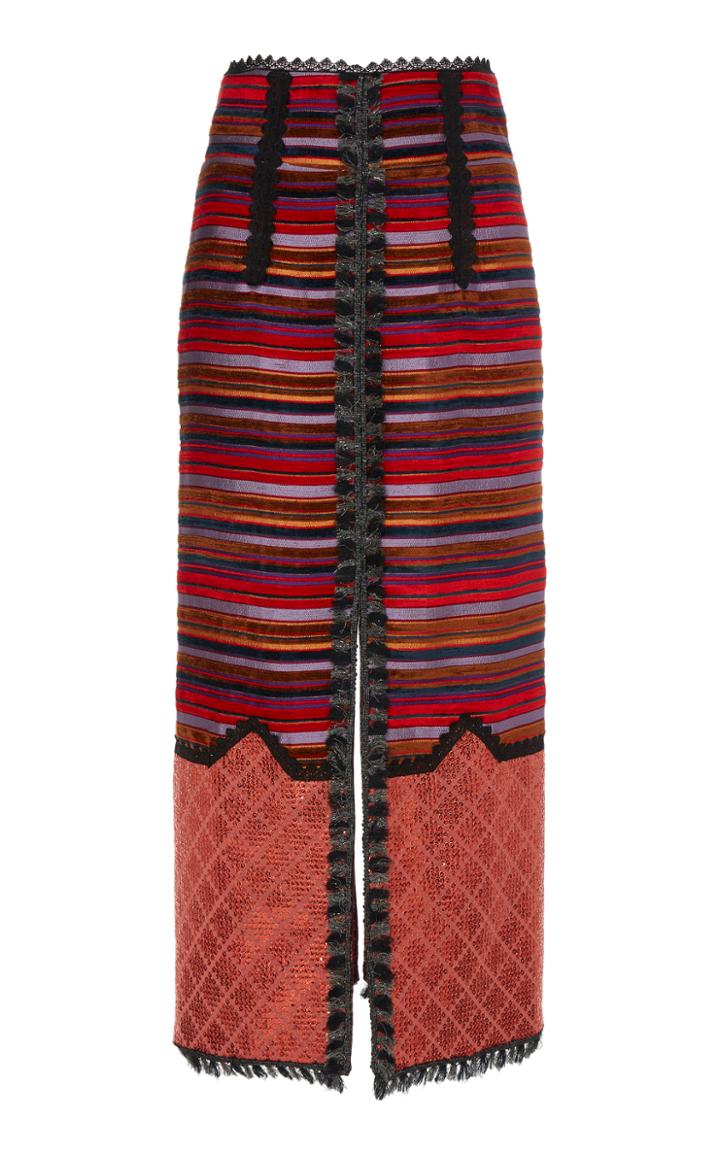 Costarellos Sequin-trimmed Fringed Cotton-blend Midi Skirt