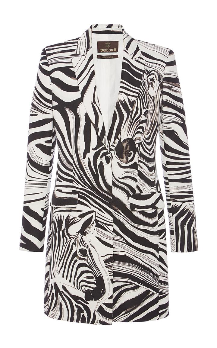 Roberto Cavalli White Black Zebra Watercolor Cotton Faille Coat