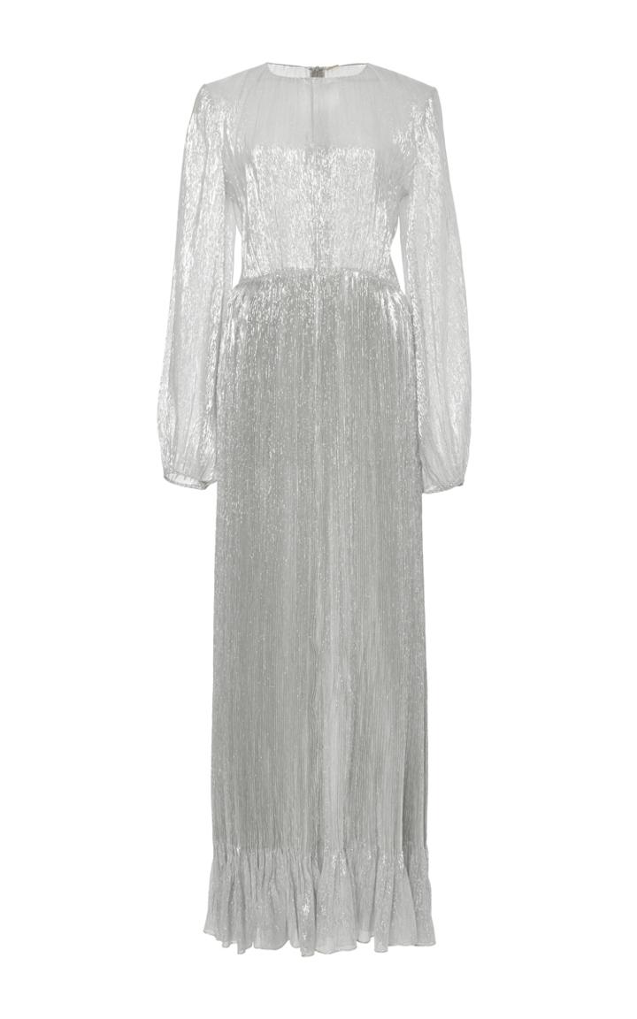 Adam Lippes Metallic Silk Long Sleeve Pleated Gown