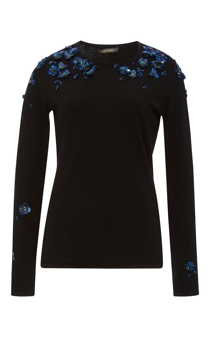 Zac Posen Black Cotton Cashmere Embroidered Sweater
