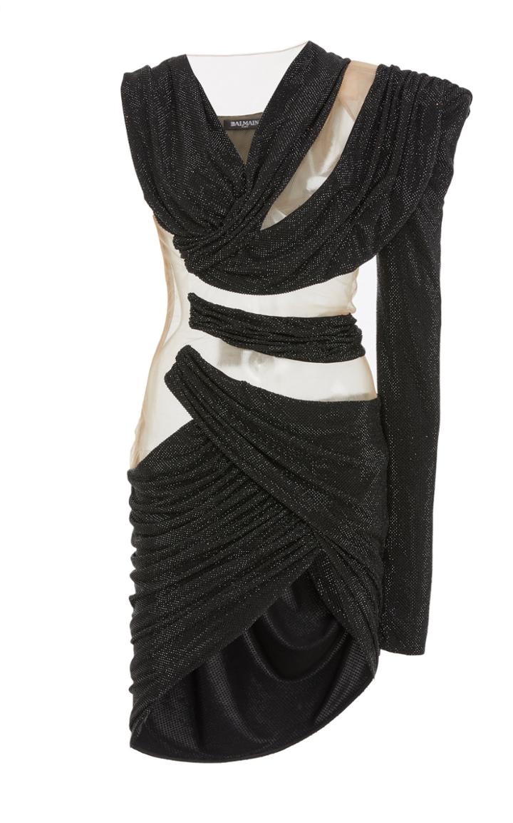 Balmain Asymmetric Draped Lurex Mesh Dress