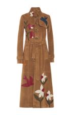 Red Valentino Suede Trench Coat With Leather Macroflower Patchwork