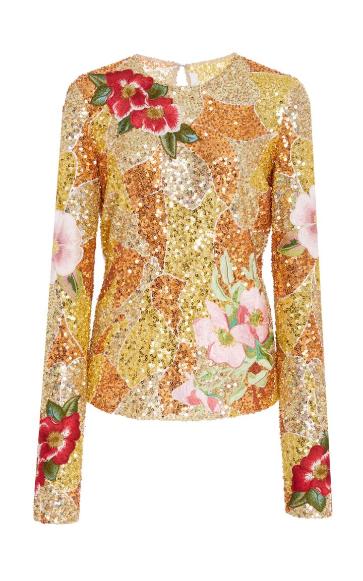 Naeem Khan Embroidered Floral Sequin Top