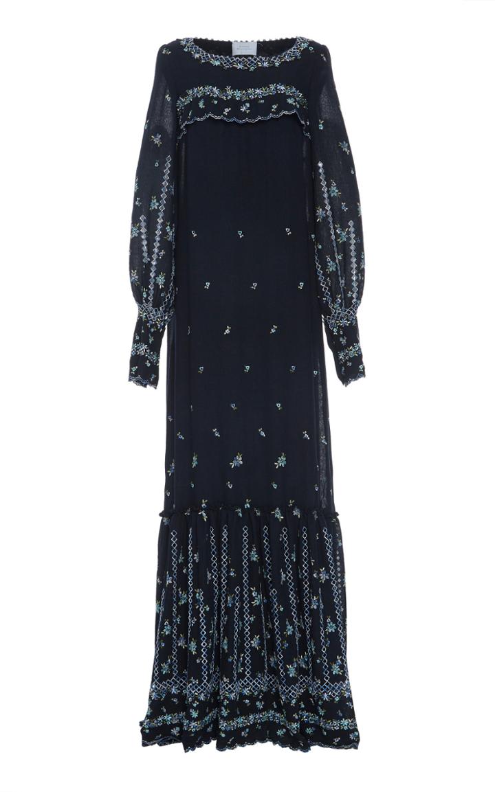 Luisa Beccaria Embroidered Peasant Sleeve Crepe Dress