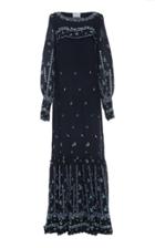 Luisa Beccaria Embroidered Peasant Sleeve Crepe Dress