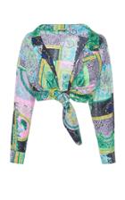 Versace Cropped Patchwork-print Silk Twill Tie-front Shirt