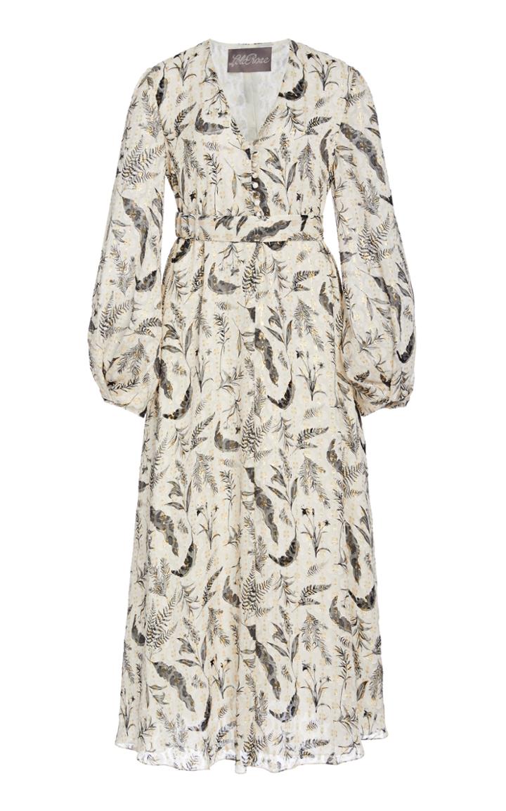 Moda Operandi Lela Rose Belted Feather Print Midi Dress