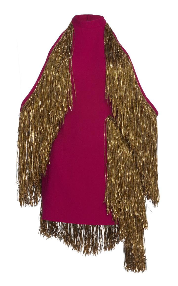Sandra Mansour Bronze Fringe Crepe Mini Dress