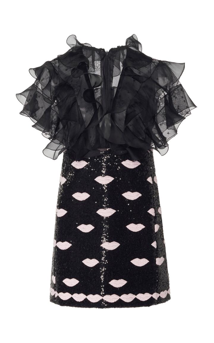 Giambattista Valli Ruffled Sequin Lips Print Mini Dress