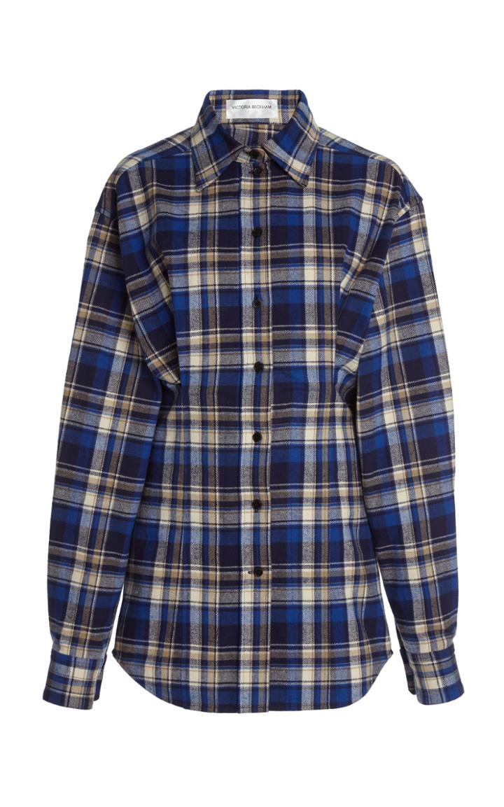 Moda Operandi Victoria Beckham Oversized Pleated Plaid Cotton Flannel Shirt
