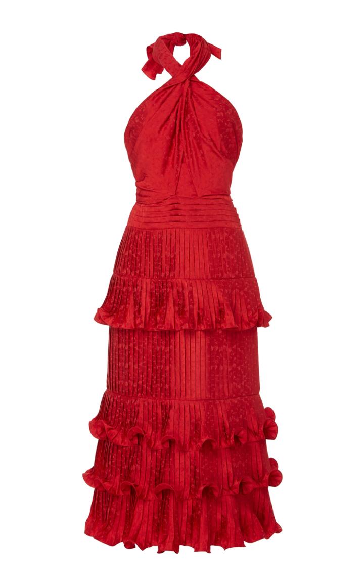 Johanna Ortiz Ruffled Floral-satin Jacquard Halterneck Midi Dress