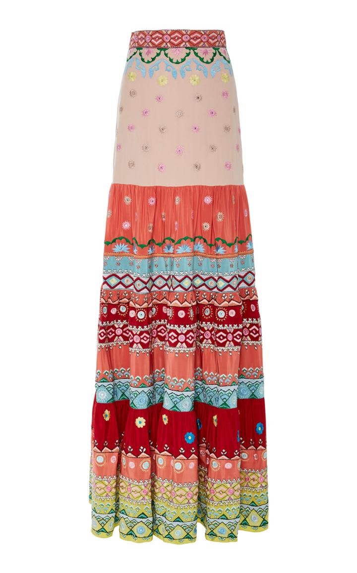 Saloni Isabel Tiered Embroidered Silk Maxi Skirt